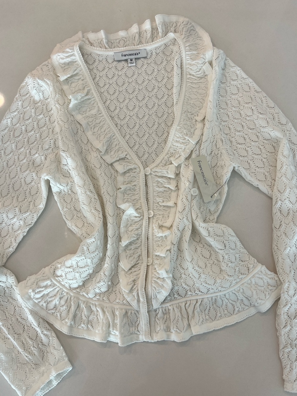 NWT Francesca's Collections Cream Ruffle-Trim Knit Button-Front Top